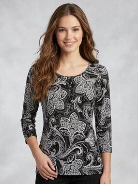 Ruby Rd. Women’s Medium Top Black White Paisley Floral 3/4 Sleeve Textured Knit